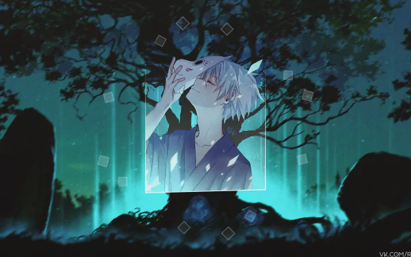 HD desktop wallpaper featuring Gintoki Sakata from Gintama in a picture-in-picture style, with a mystical tree background and ethereal lighting effects.