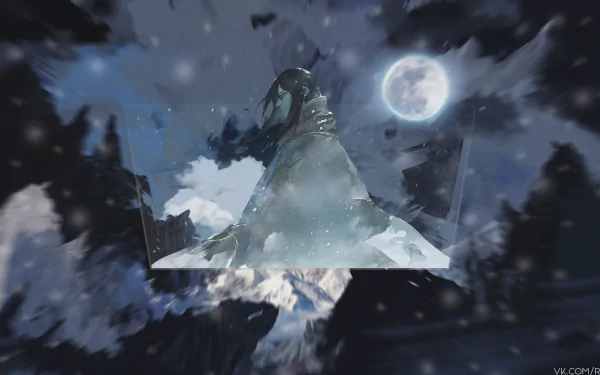 A 4K Ultra HD PC desktop wallpaper featuring Orochimaru from Naruto, with a picture-in-picture effect against a dark, snowy night landscape and full moon.