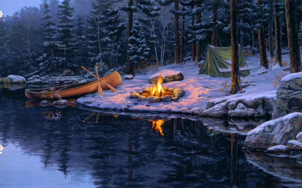 HD desktop wallpaper of a serene winter camping scene with a tent, campfire, and canoe by a forested lakeside.