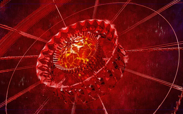 HD desktop wallpaper depicting a red and orange Dyson Sphere, a futuristic megastructure, set against a cosmic backdrop.