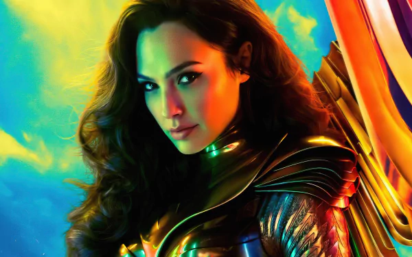 4K Ultra HD desktop wallpaper featuring Gal Gadot as Diana Prince in her Wonder Woman 1984 movie armor with vibrant, colorful lighting effects.