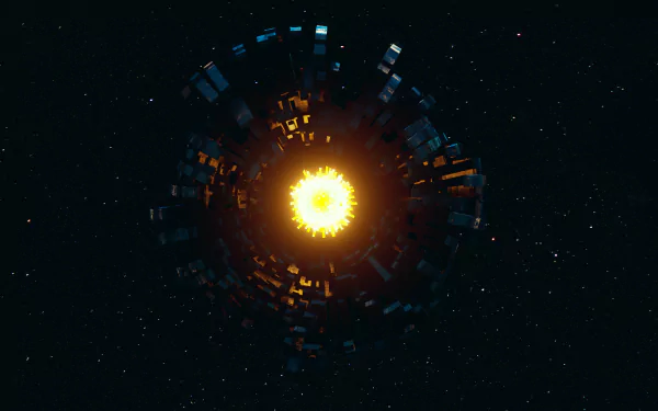 HD wallpaper of a conceptual Dyson Sphere encompassing a bright star, set against the dark vastness of space.