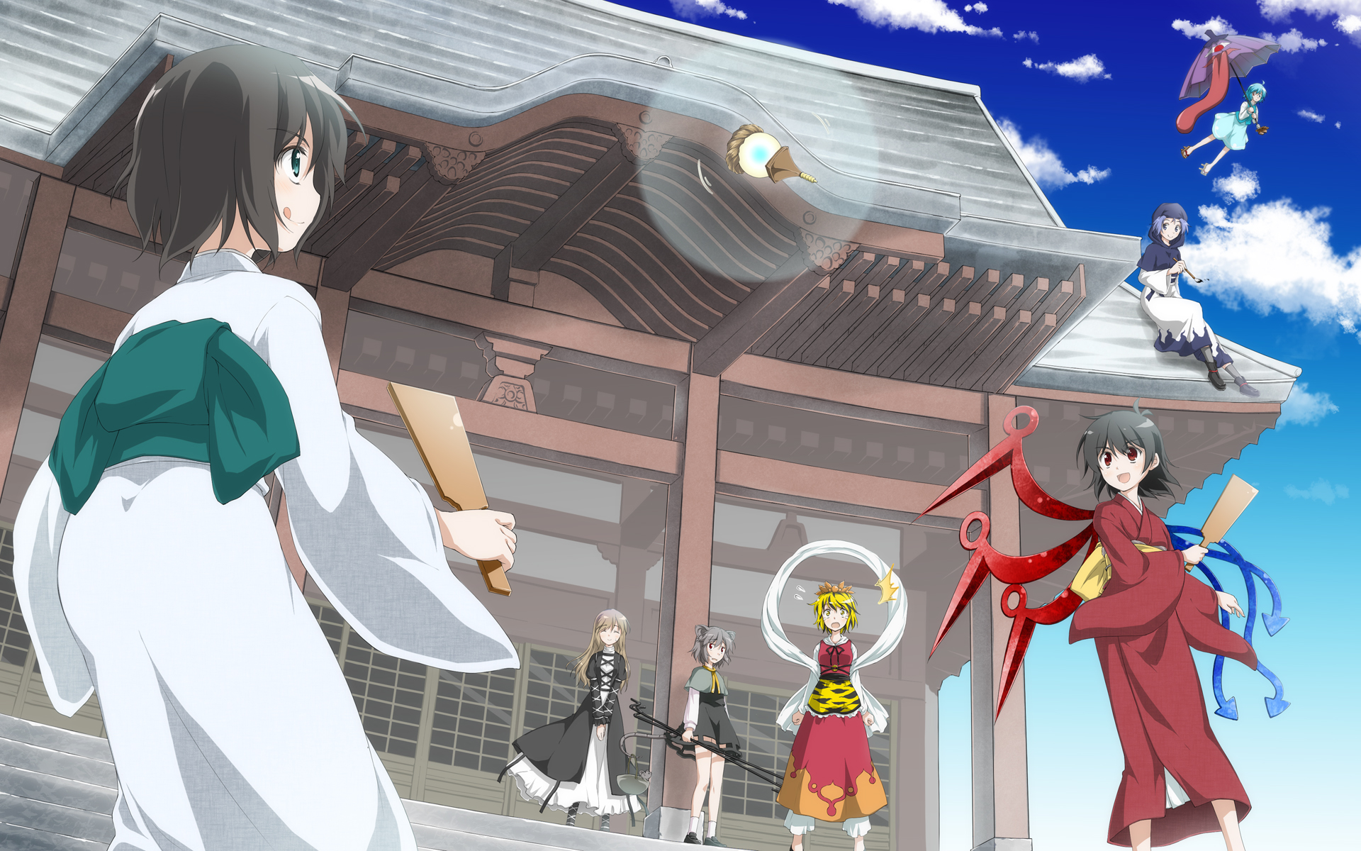 Touhou characters Murasa Minamitsu, Nue Houjuu, Shou Toramaru, Nazrin, and Byakuren Hijiri in an anime-inspired wallpaper.