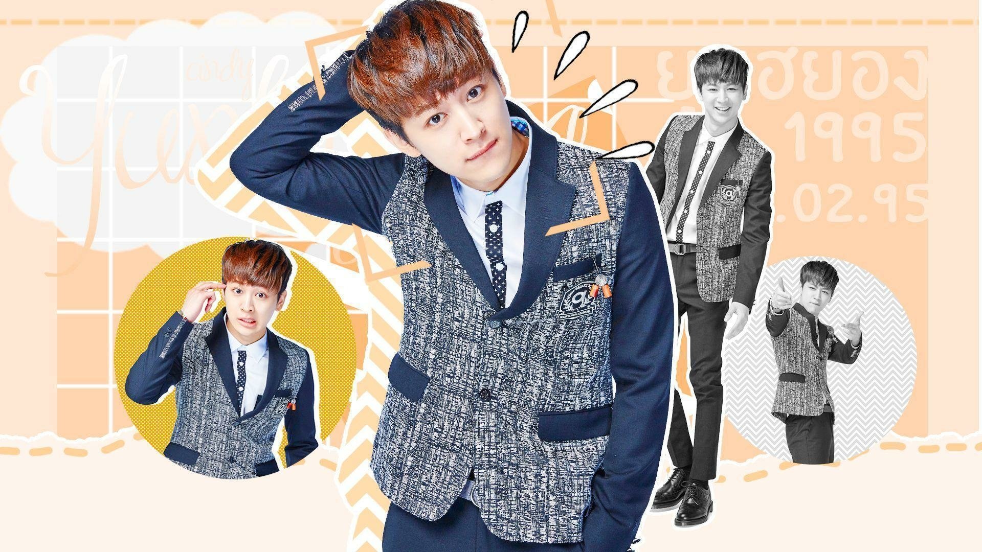 HD desktop wallpaper featuring a collage of a member from iKON in different poses with a vibrant orange background.