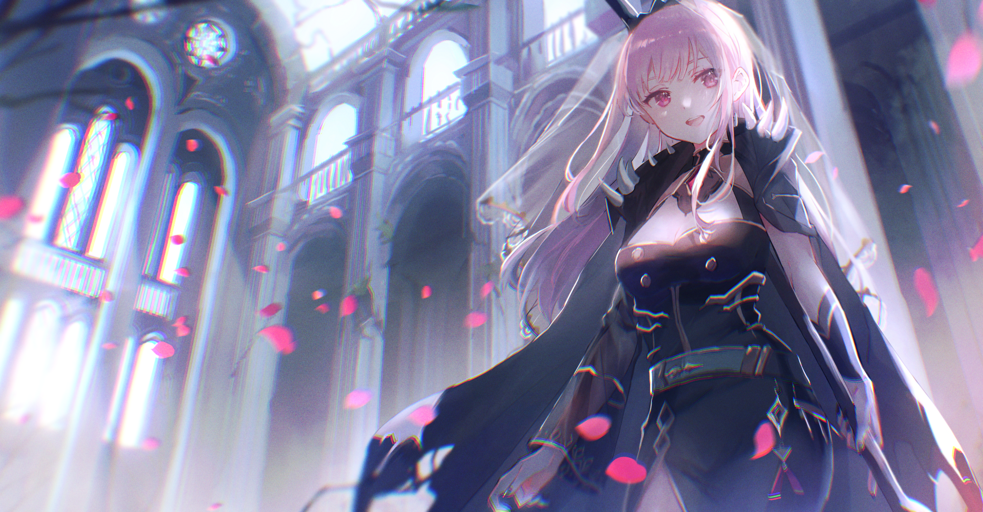 Anime character Mori Calliope with pink eyes and long pink hair stands elegantly in a grand hall, petals floating around her. This HD wallpaper features the Virtual YouTuber from Hololive.