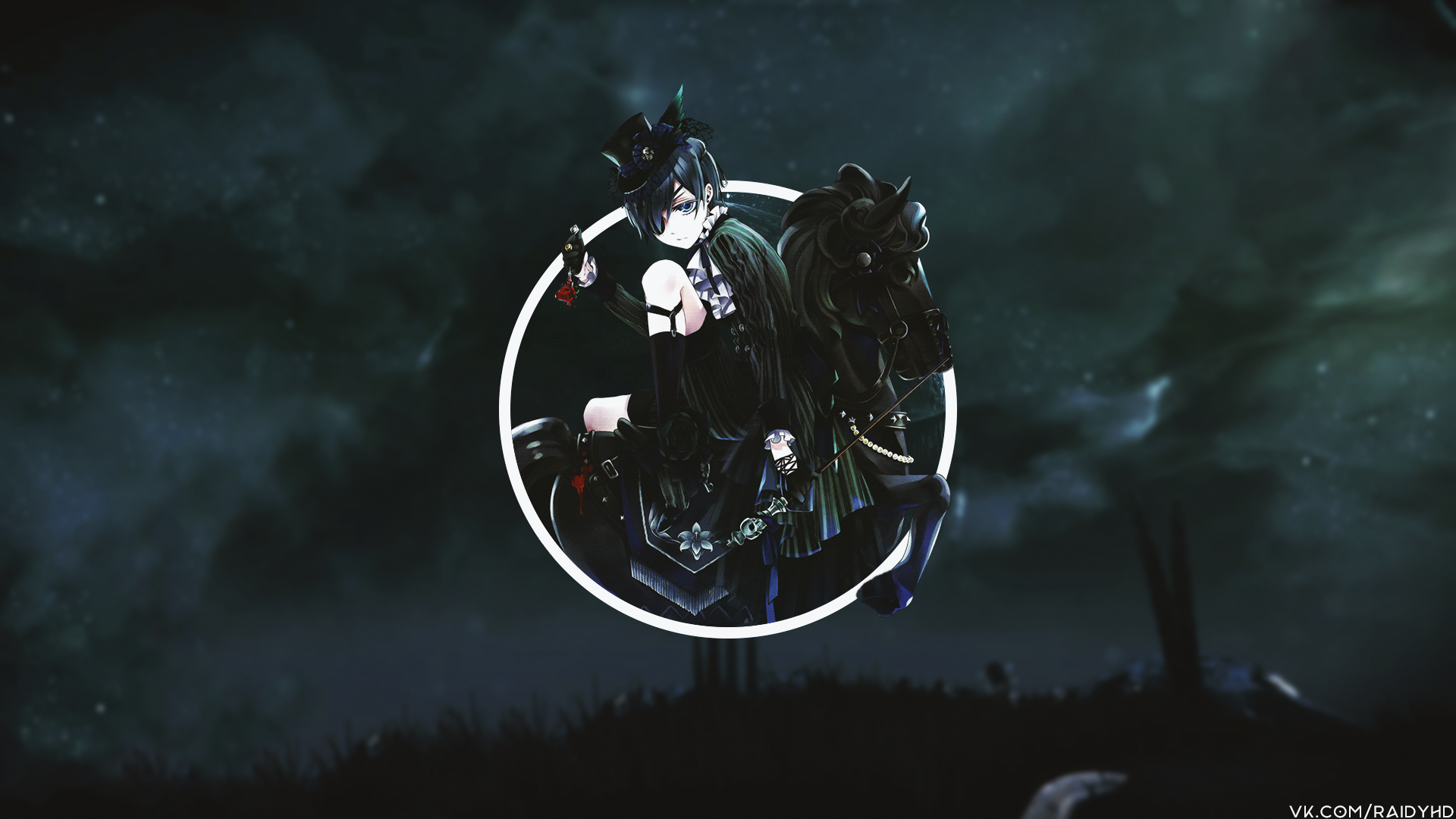 HD PC desktop wallpaper: picture-in-picture anime portrait of Ciel Phantomhive (Black Butler) in gothic attire against a stormy night background.