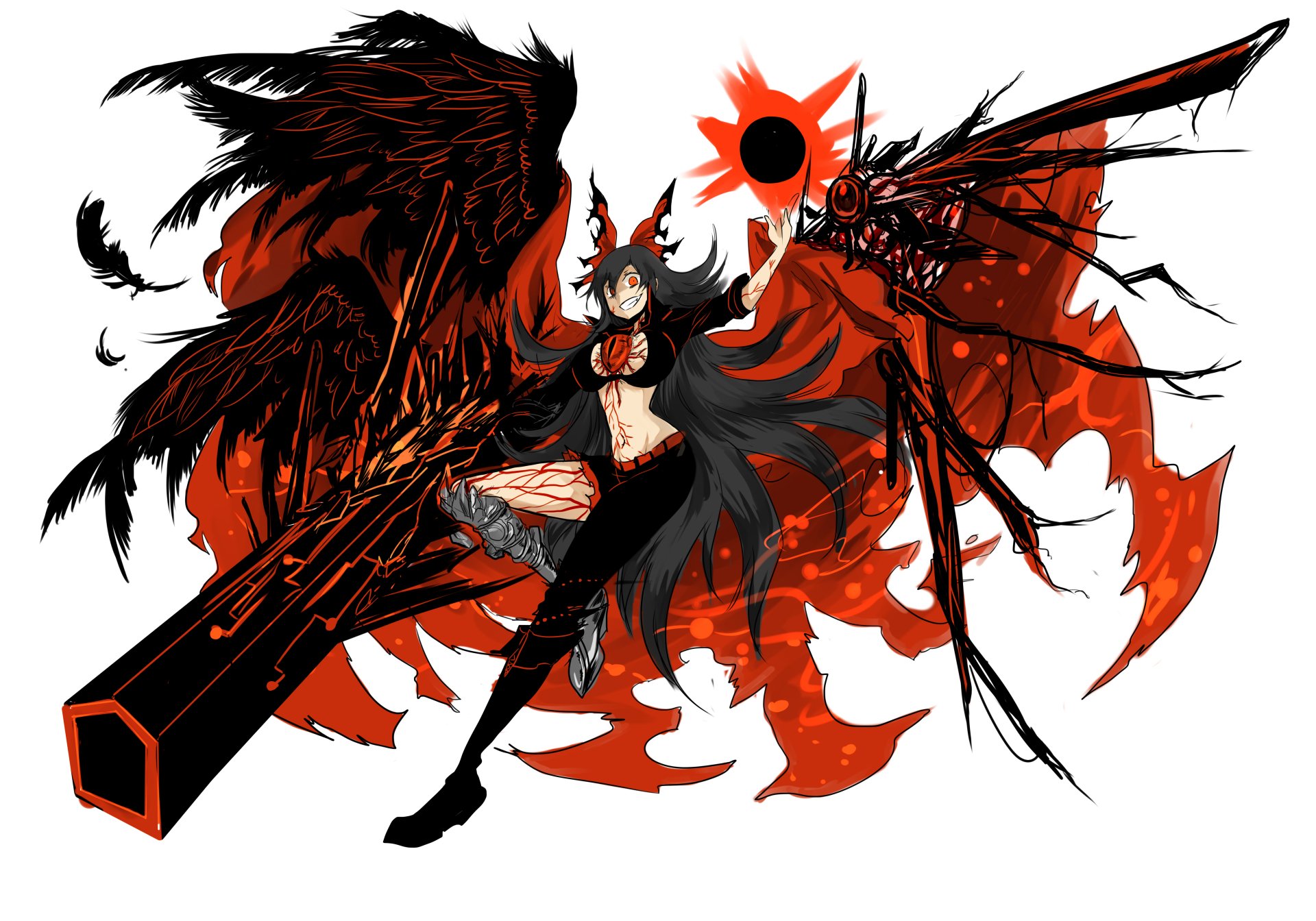 demon anime girl with black hair and red eyes and wings
