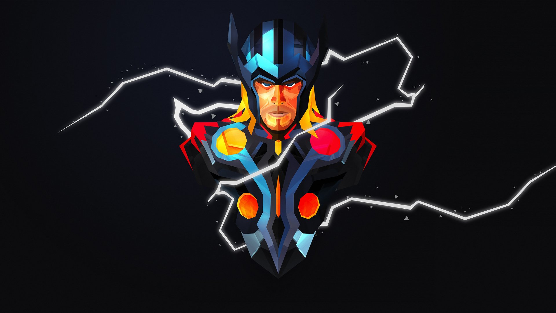 HD PC desktop wallpaper featuring a comic-style illustration of Thor with glowing lightning bolts on a dark background.