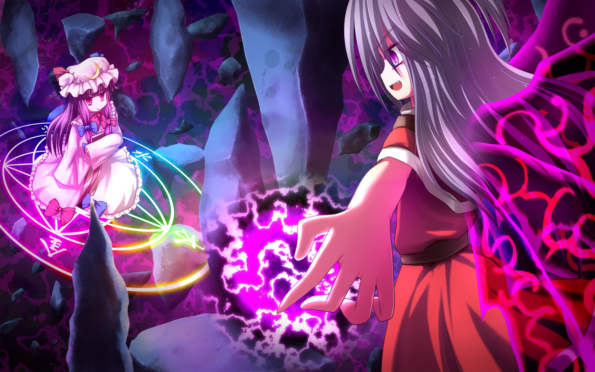 HD PC desktop wallpaper featuring Patchouli Knowledge and Shinki from Touhou, set in a dark, mystical cave with vibrant purple magical energy.