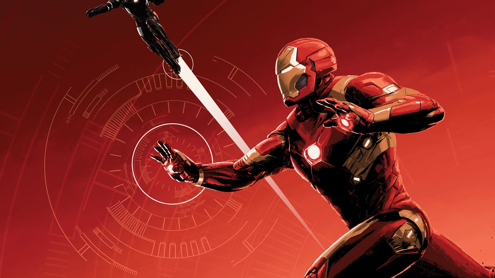 HD PC desktop wallpaper featuring Iron Man in action from the movie Captain America: Civil War, set against a vibrant red background with tech-inspired graphics.