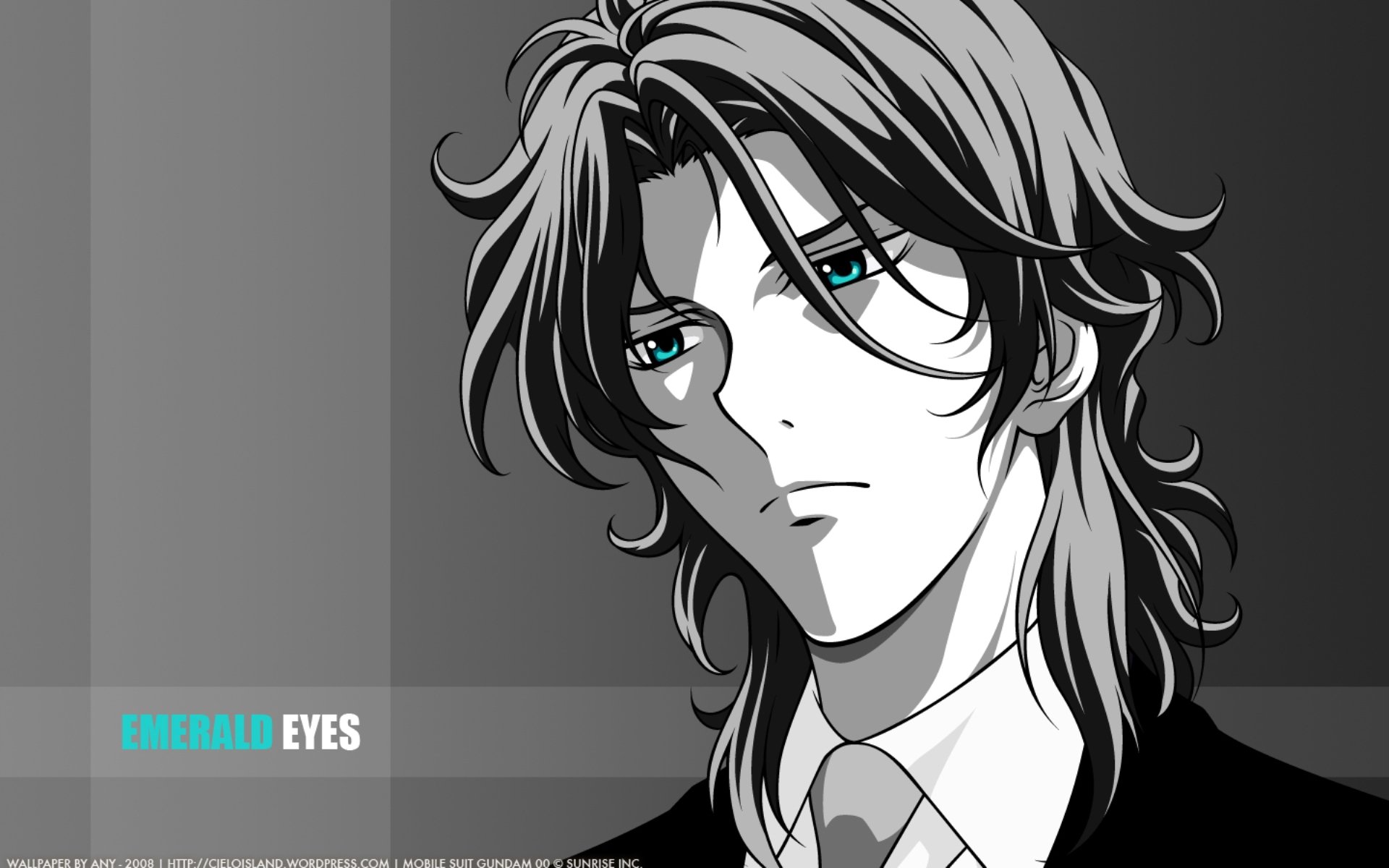 HD PC desktop wallpaper featuring Neil Dylandyl from the anime Gundam 00, highlighting his striking emerald eyes against a monochrome background.