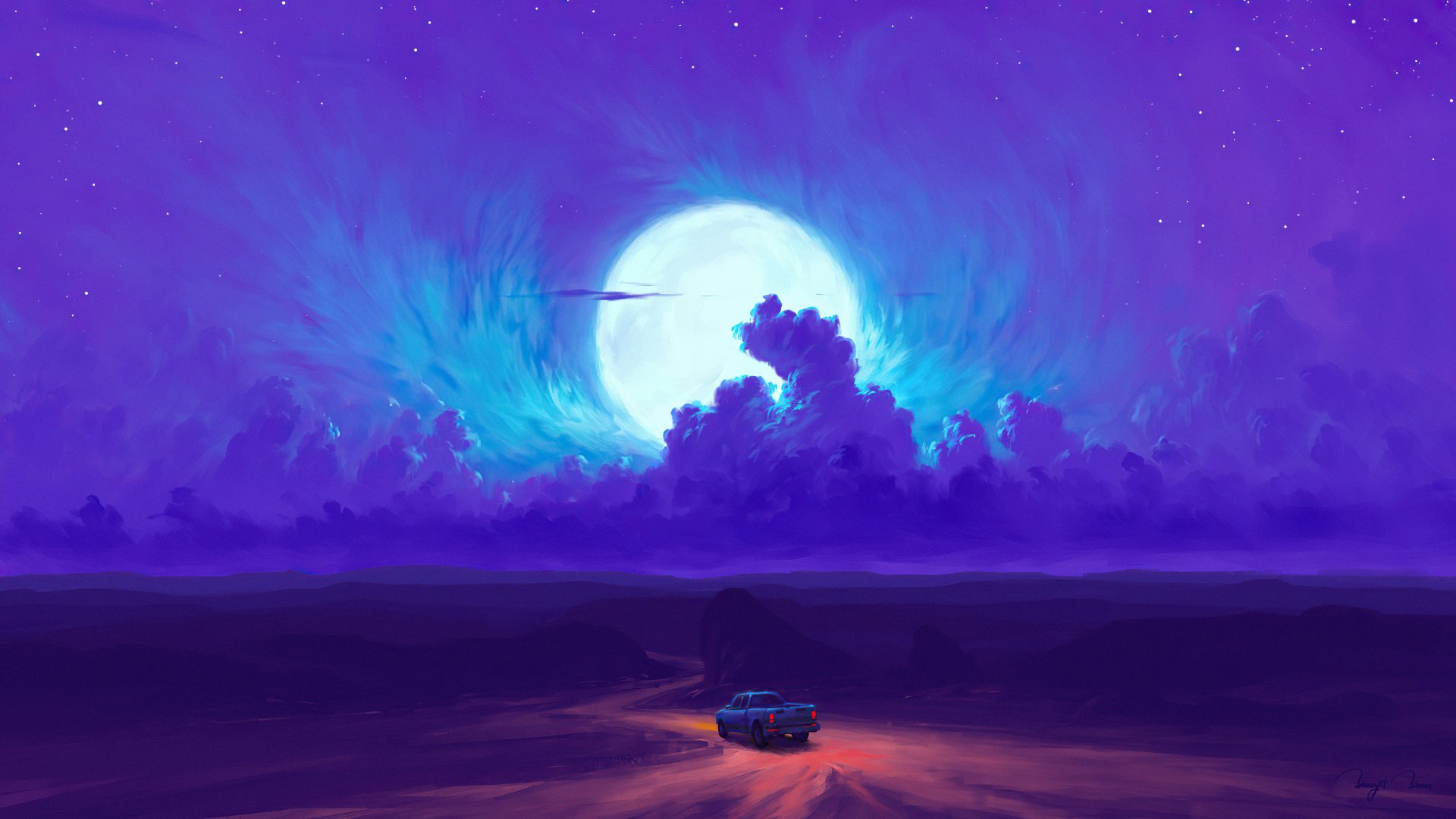 A minimalist, artistic 4K Ultra HD desktop wallpaper featuring a car driving along a dark road under a glowing moon surrounded by dramatic clouds in a serene landscape.