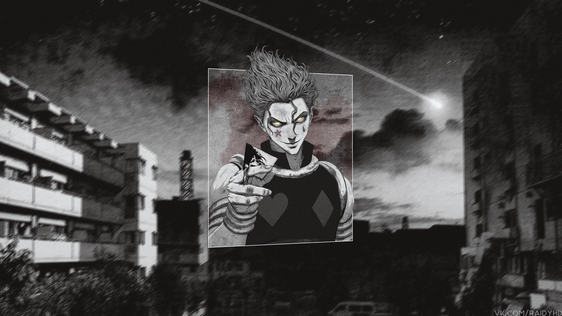 4K Ultra HD PC wallpaper: picture-in-picture composition with Hisoka (Hunter × Hunter) portrait inset over a moody monochrome urban skyline, dramatic lighting and noir atmosphere.