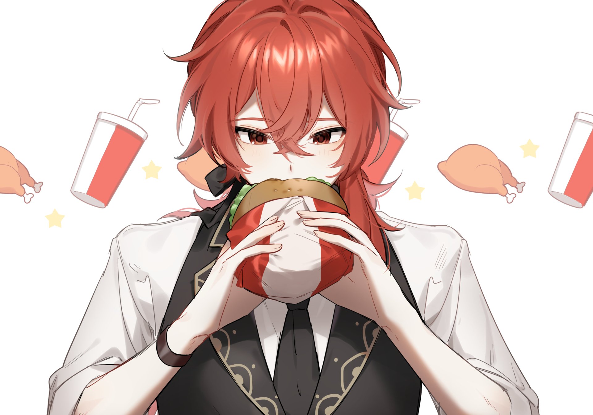 Diluc (Genshin Impact) eating a burger, surrounded by drinks and chicken legs — 2K Quad HD PC desktop wallpaper/background, video game artwork.