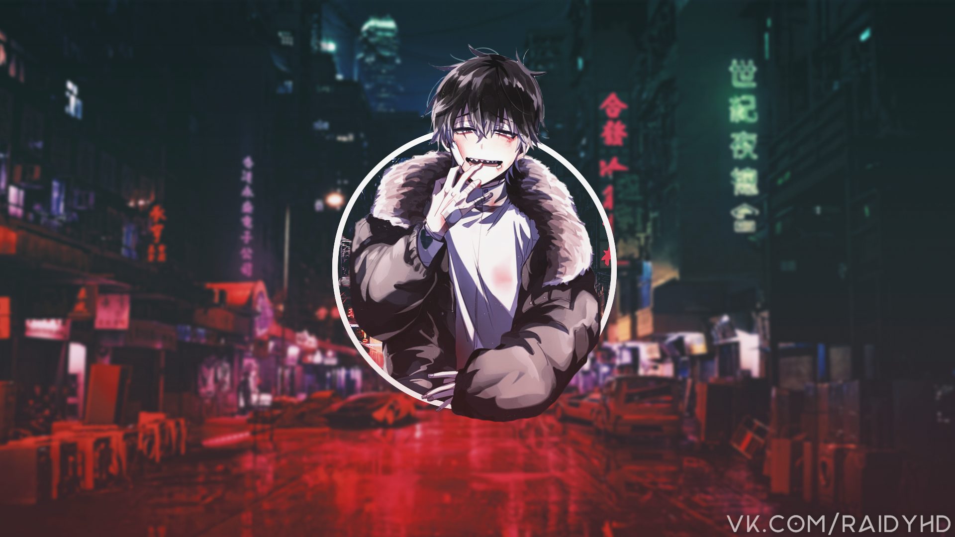 HD PC desktop wallpaper: Ichimatsu Matsuno from the Osomatsu-san anime, smirking in a fur-lined coat within a circular portrait over a neon-lit rainy city street background.