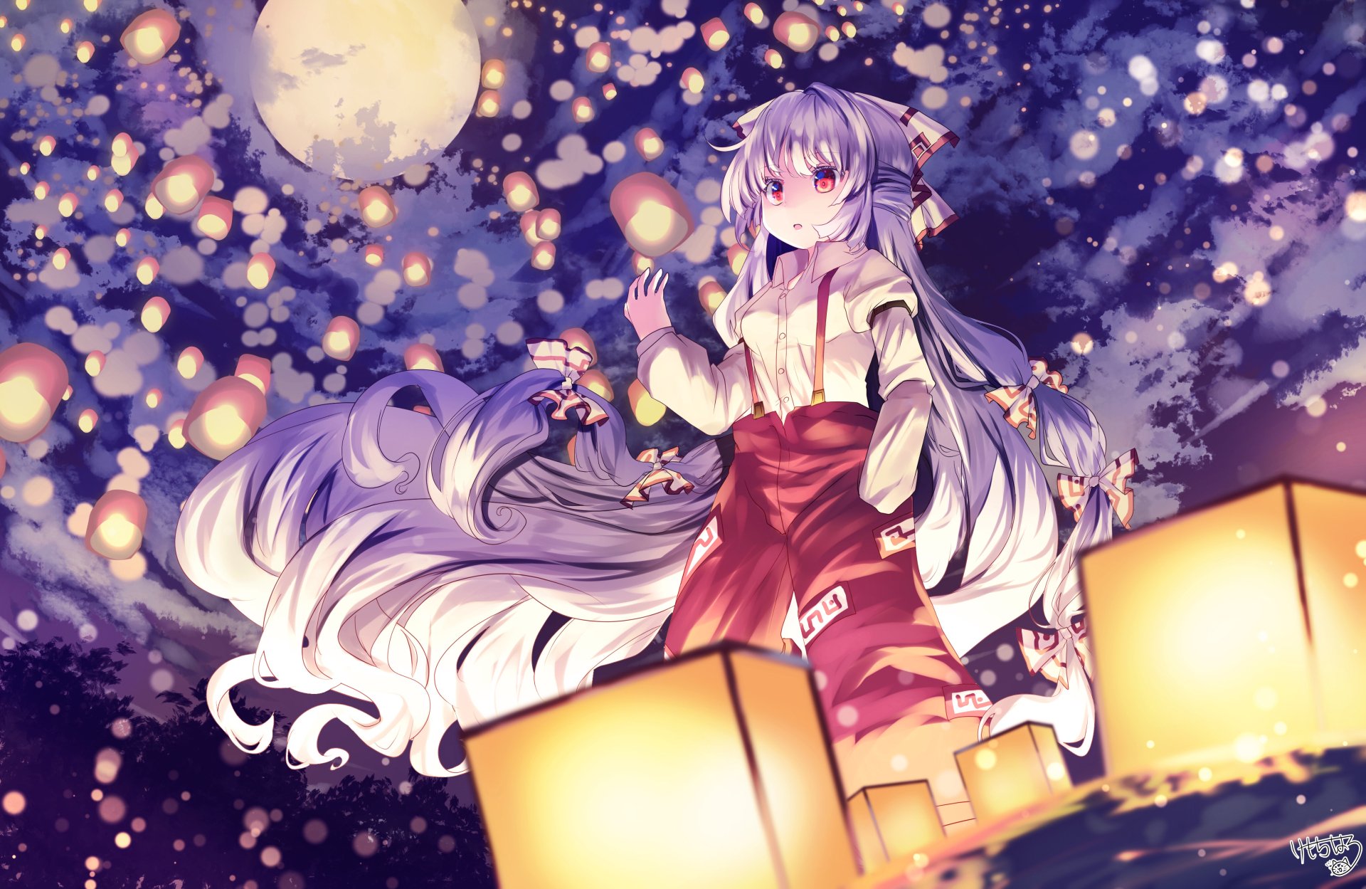 Fujiwara no Mokou (Touhou) anime character beneath a full moon and floating lanterns, vibrant 4K Ultra HD PC desktop wallpaper and background.