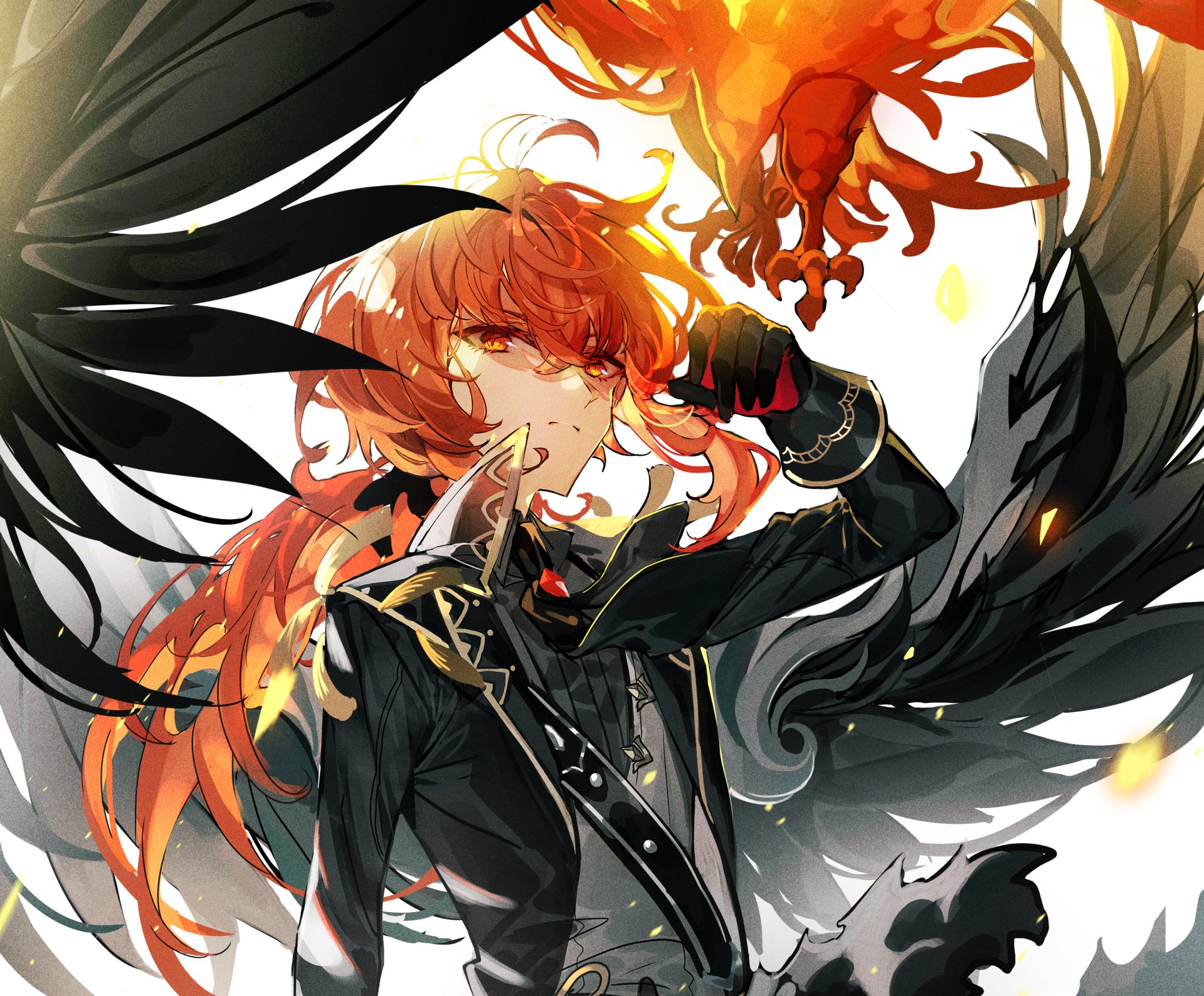 HD PC desktop wallpaper featuring Diluc from Genshin Impact with fiery red hair and black wings in dynamic, detailed artwork from the video game.