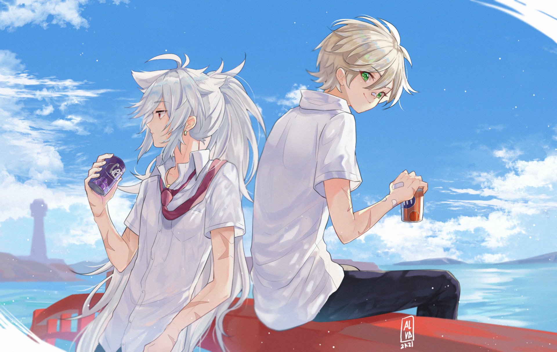 HD PC desktop wallpaper featuring Razor and Bennett from the video game Genshin Impact, set against a bright blue sky with clouds.