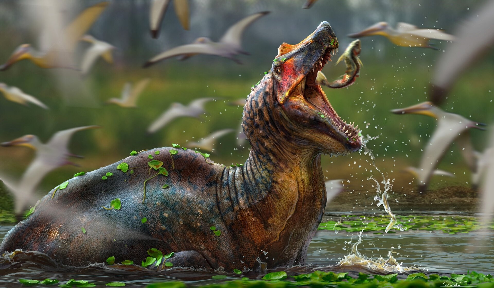 HD PC desktop wallpaper featuring a dynamic scene of a dinosaur emerging from water, surrounded by flying birds in a prehistoric environment.