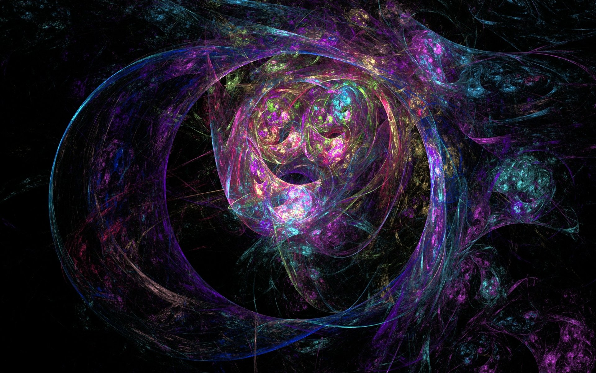 Abstract HD desktop wallpaper featuring vibrant swirling colors in shades of purple, blue, and green forming dynamic, ethereal patterns against a dark background.