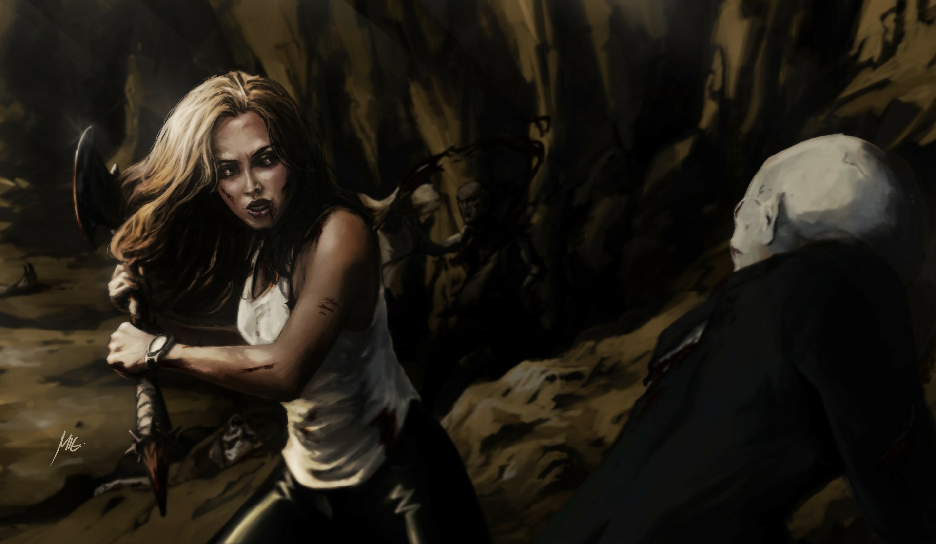 Dramatic 4K Ultra HD PC desktop wallpaper of Faith Lehane from the TV show Buffy the Vampire Slayer, gripping a stake in a shadowy cave confronting a cloaked figure.