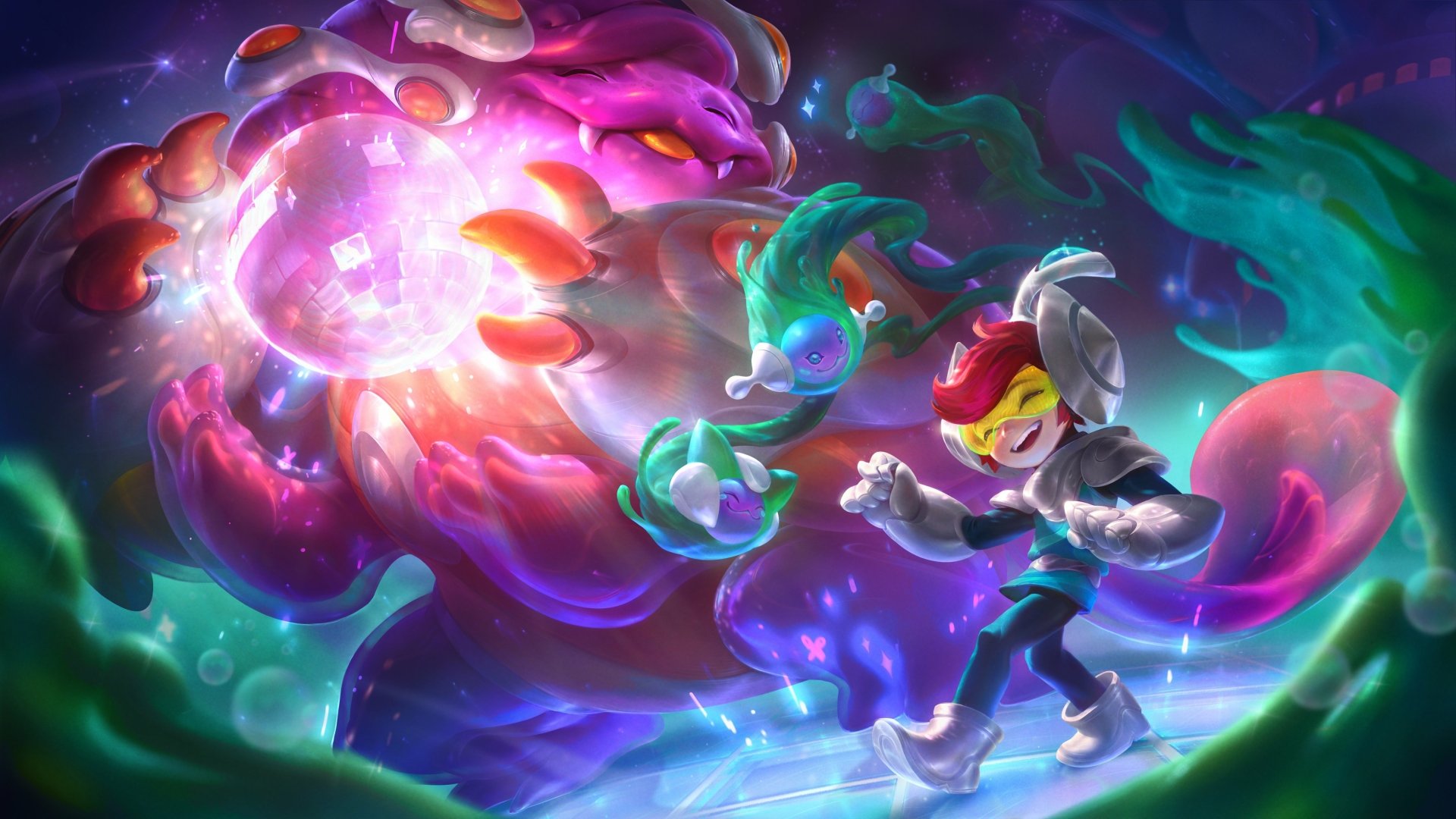 4K Ultra HD League of Legends wallpaper featuring Willump and Nunu in vibrant, dynamic action within a cosmic, colorful environment.