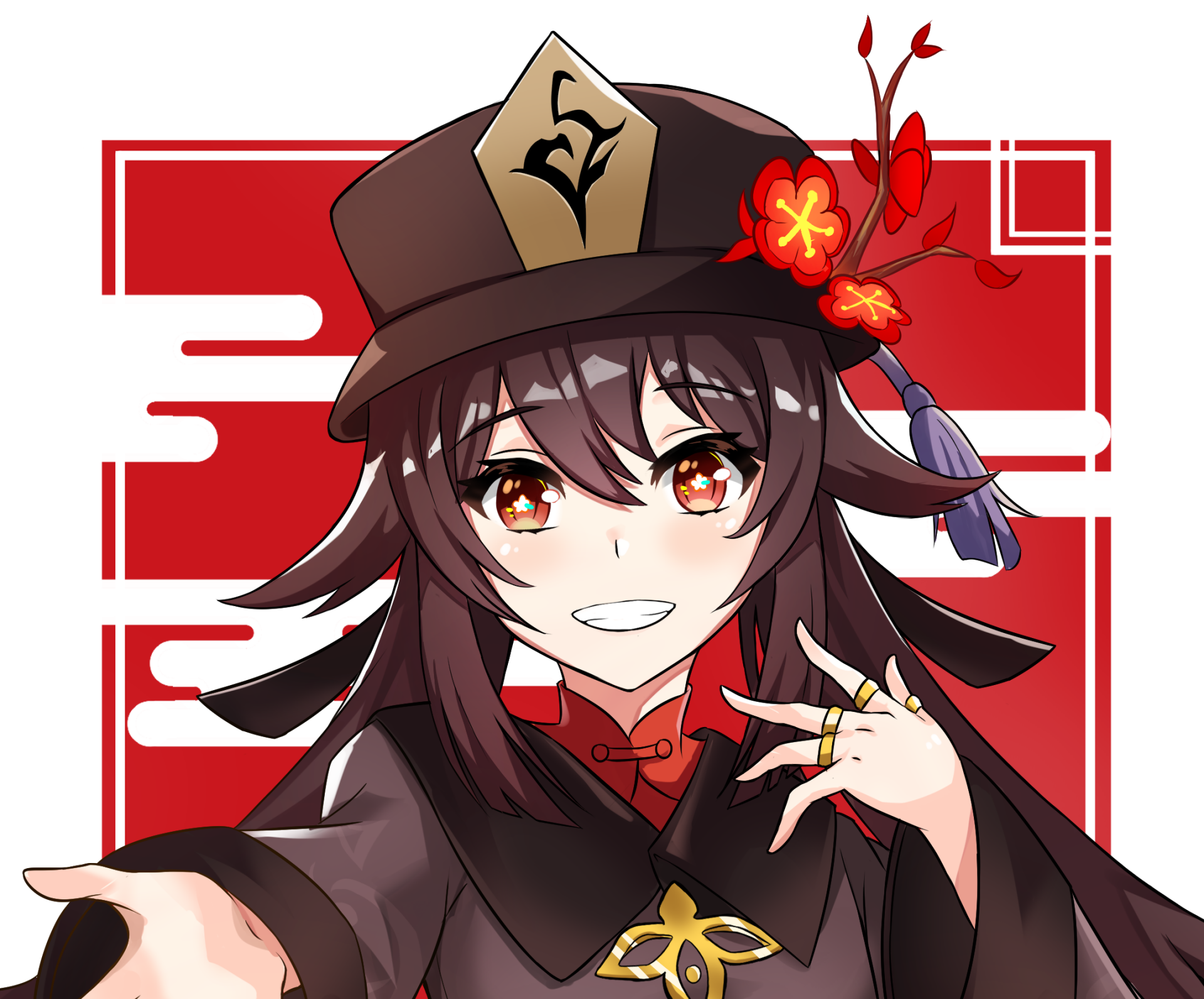 HD PC desktop wallpaper of Hu Tao from the video game Genshin Impact — smiling in her red-black outfit with a floral hairpin against a stylized red background.