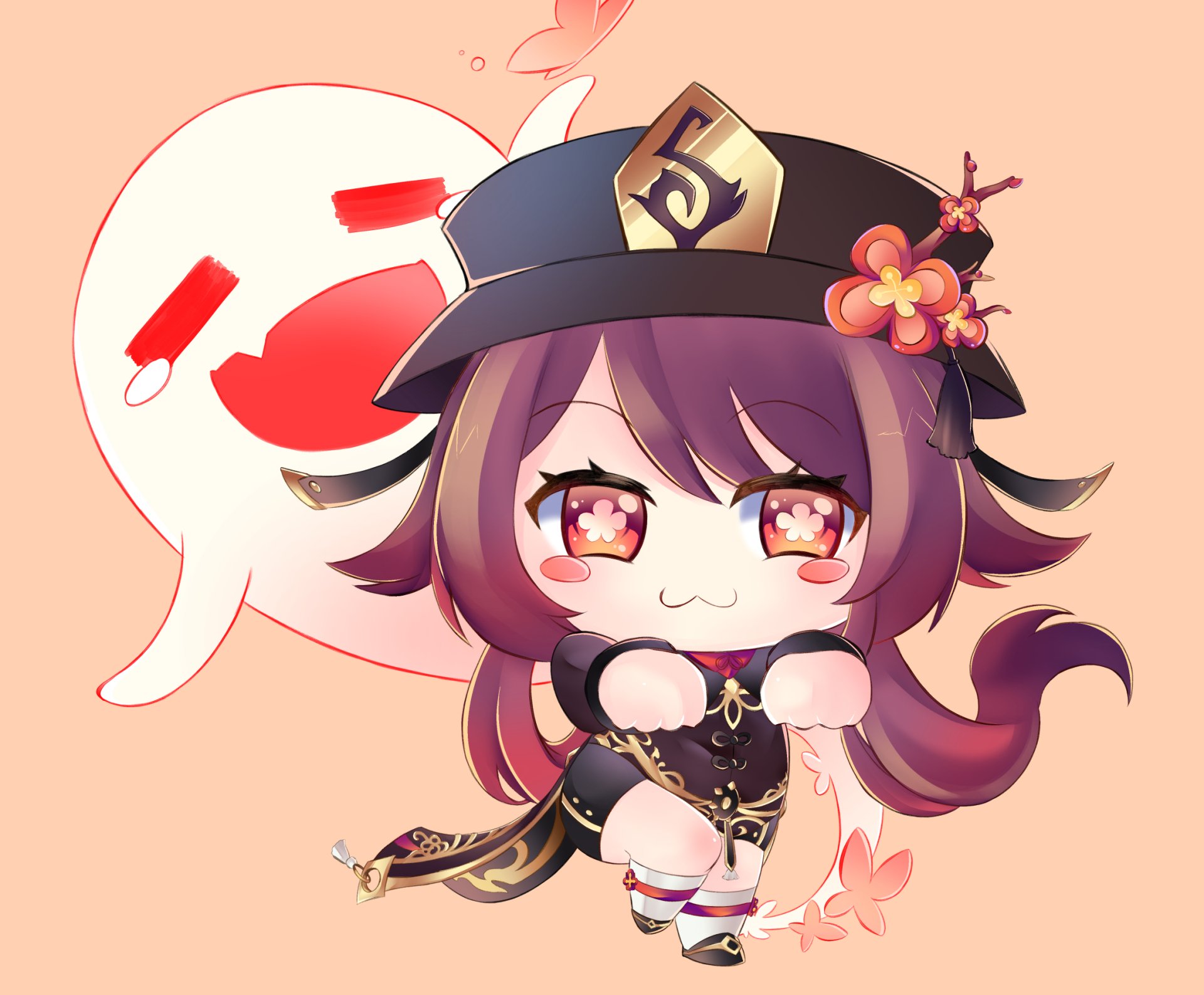 Chibi Hu Tao from Genshin Impact, depicted in vibrant colors with a playful expression, designed as an HD PC desktop wallpaper and background.