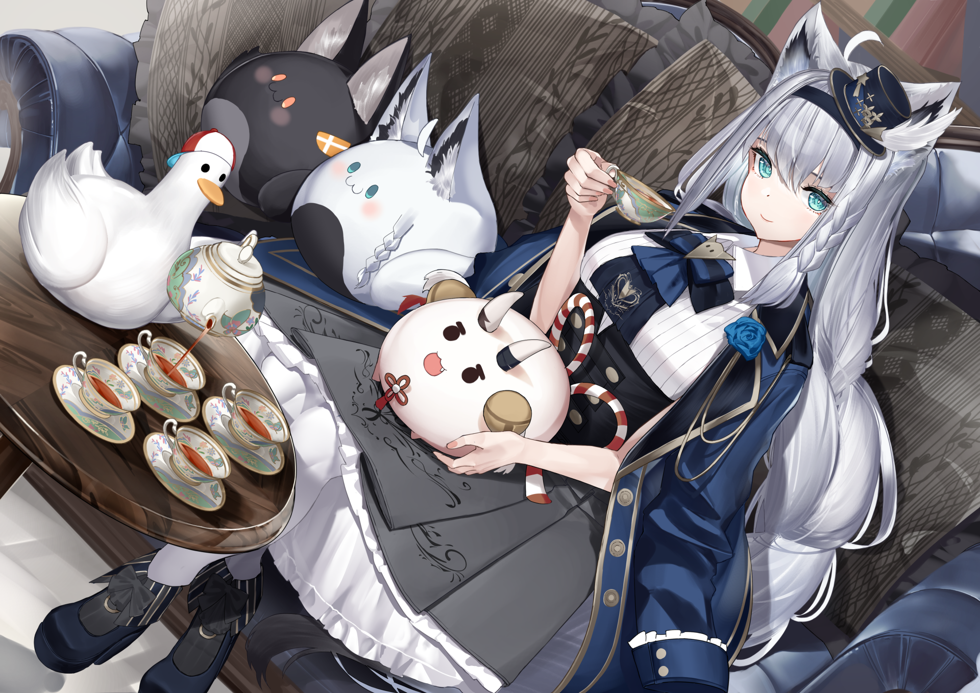 Shirakami Fubuki anime virtual YouTuber in a navy outfit with fox ears and long silver hair, cuddling plush toys beside a tea set — 4K Ultra HD PC desktop wallpaper background.