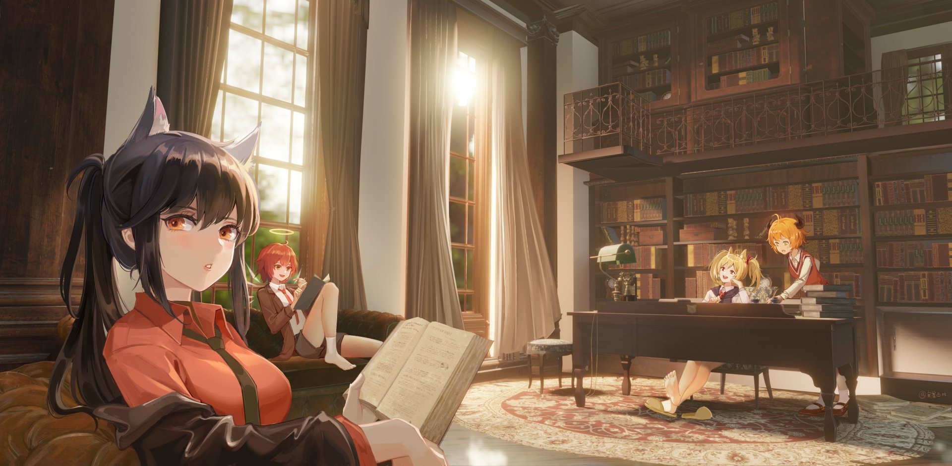 4K Ultra HD Arknights video game PC wallpaper showing Sora, Texas, Exusiai and Croissant gathered in a sunlit library lounge.
