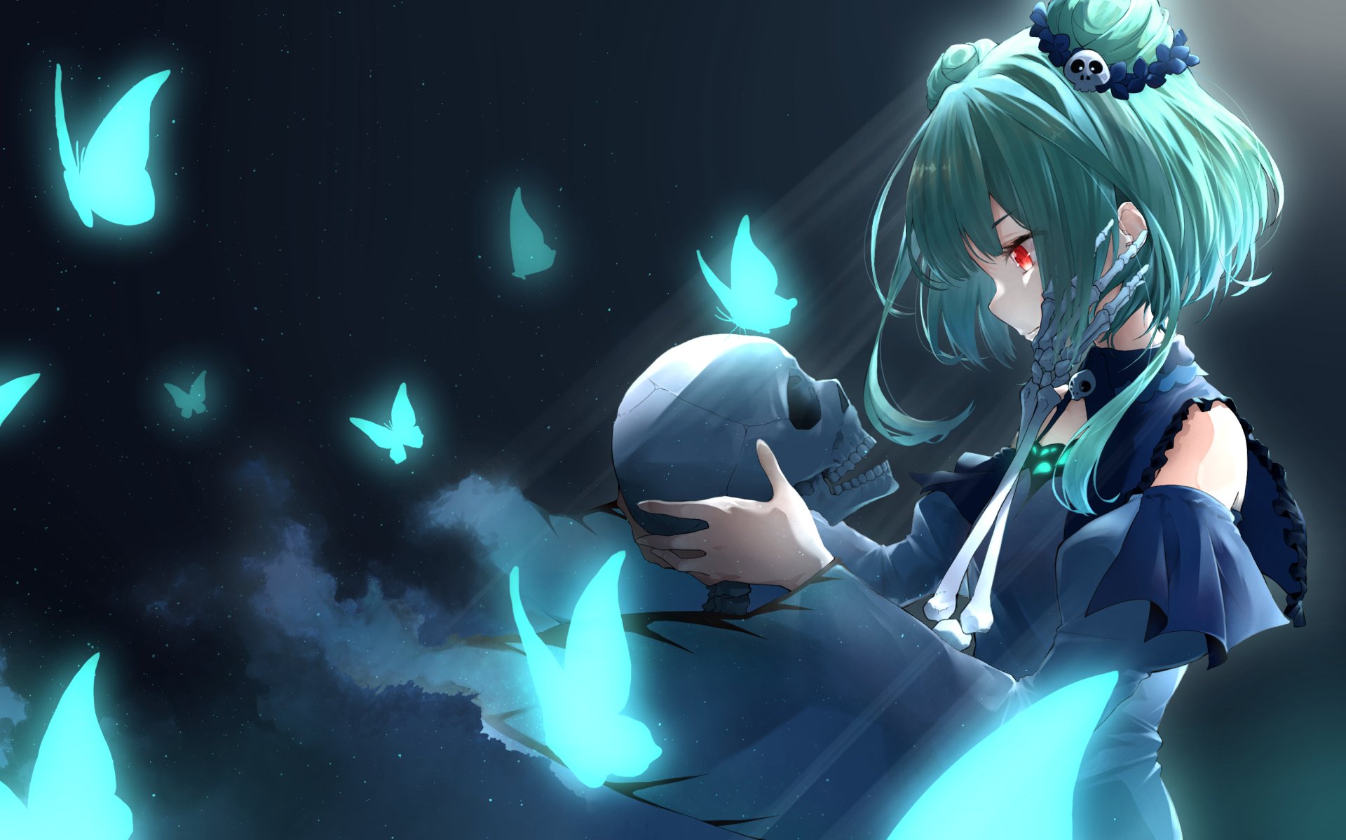 Anime-style HD desktop wallpaper featuring Uruha Rushia, a Virtual YouTuber from Hololive, holding a skull with glowing red eyes surrounded by ethereal blue butterflies.