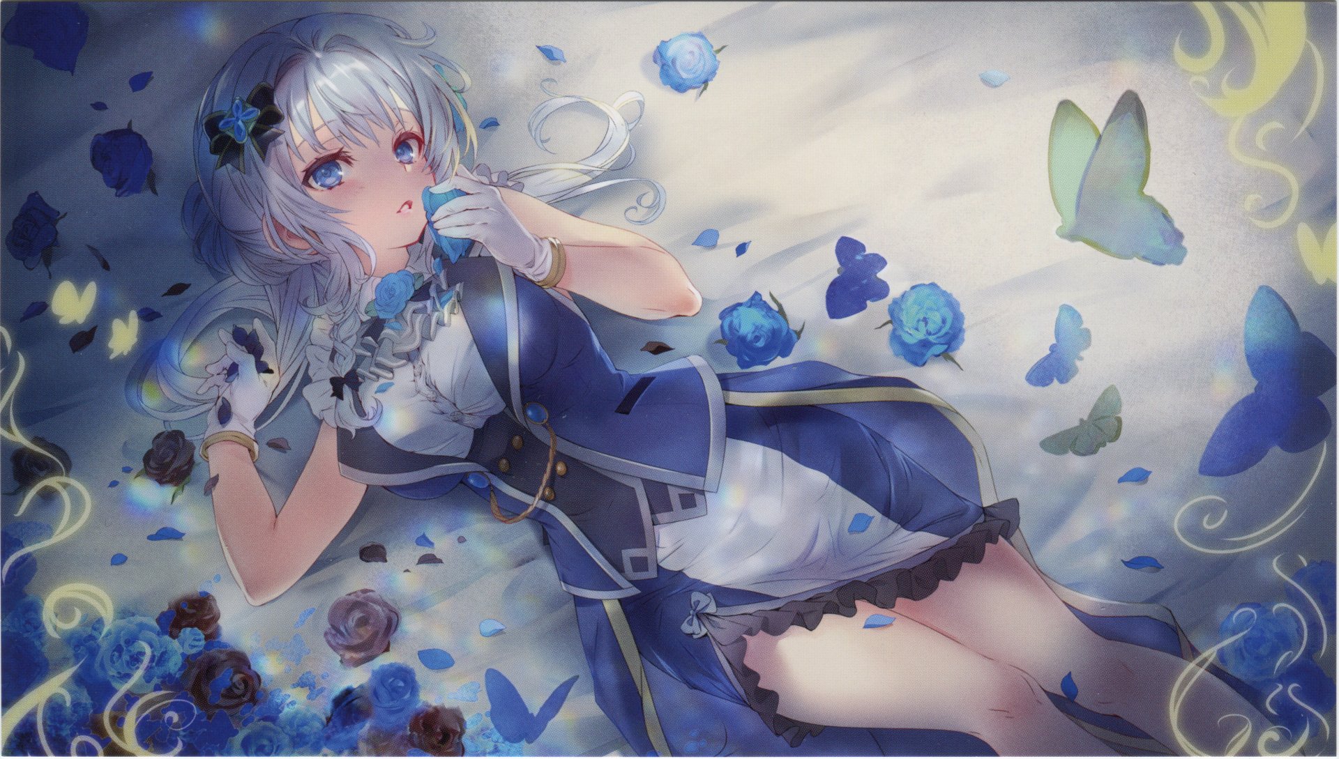 Mitama Yakumo from Puella Magi Madoka Magica reclining amid blue roses and butterflies in an 8K Ultra HD PC desktop wallpaper background.