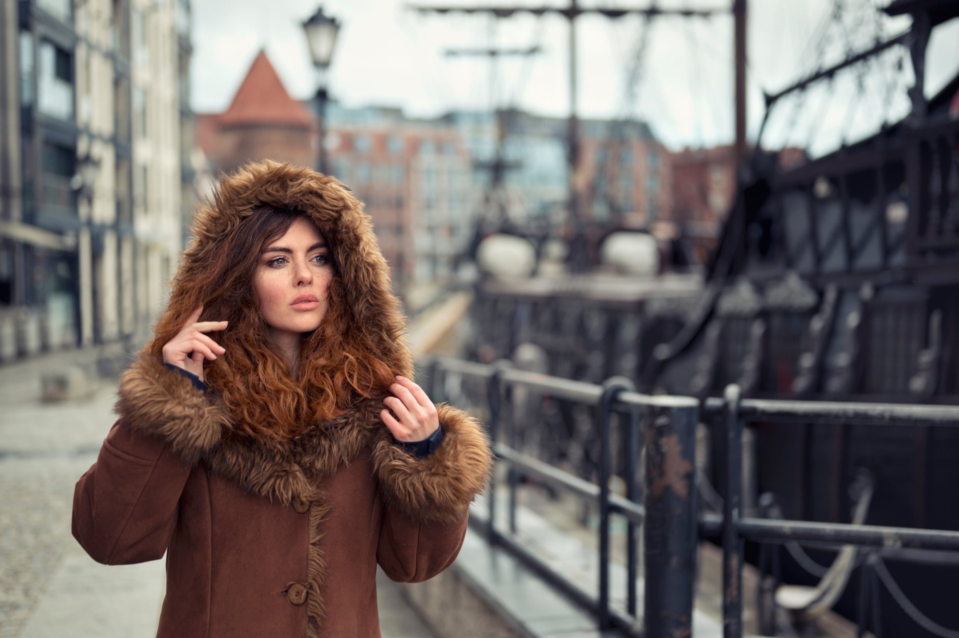 Download Depth Of Field Redhead Coat Woman Model HD Wallpaper by Anna Rawka