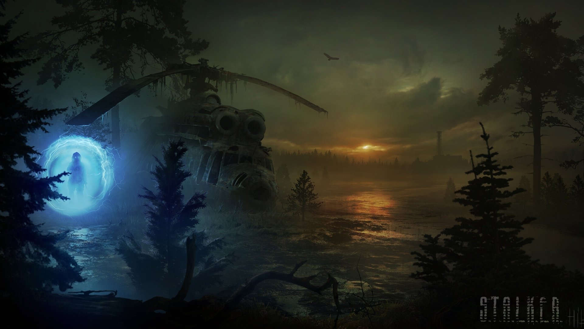 HD PC desktop wallpaper from the video game S.T.A.L.K.E.R. 2: Heart of Chernobyl, depicting a mysterious portal, a helicopter, and a moody sunset over swampy terrain.