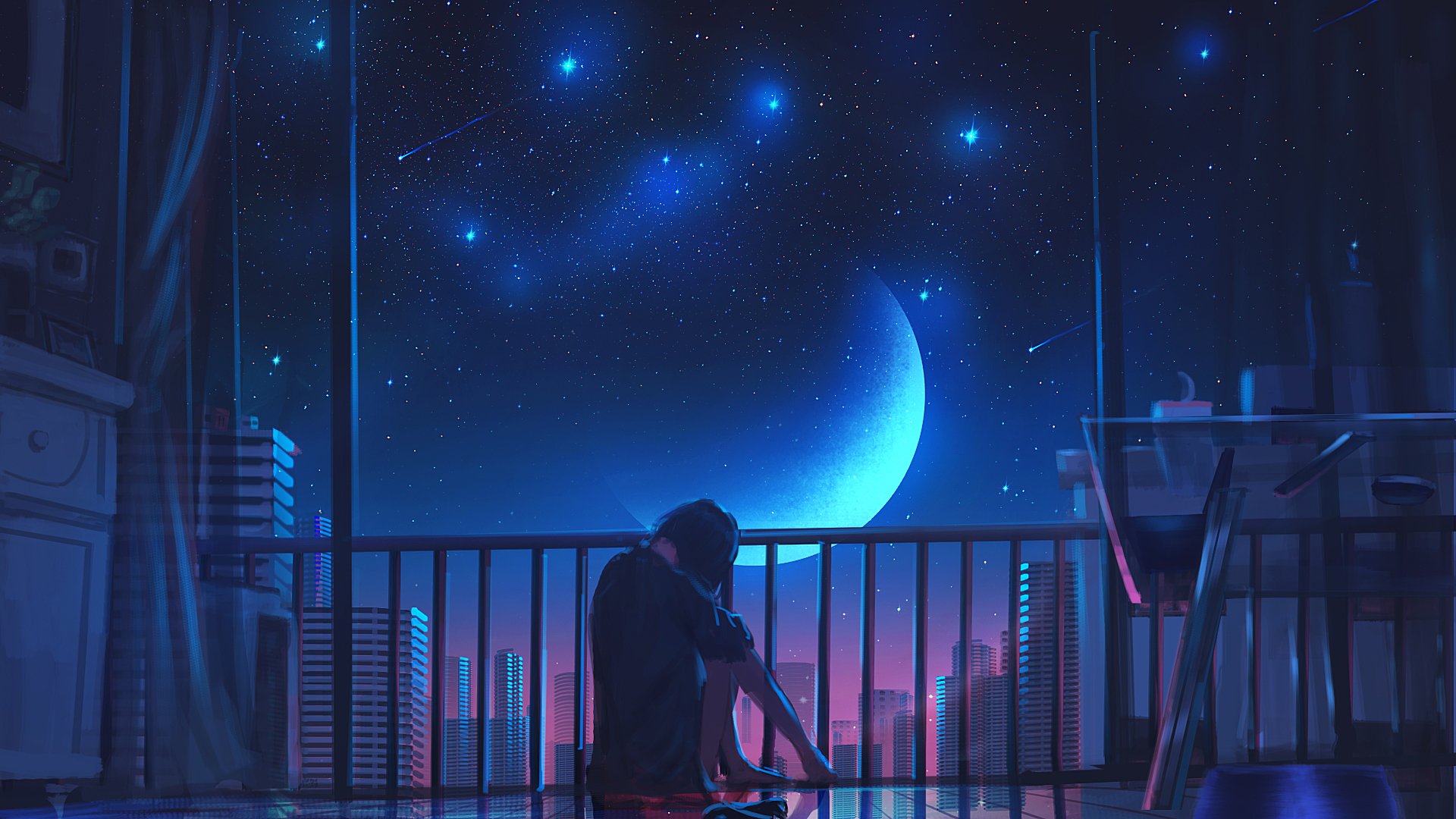 Anime girl sitting on a balcony overlooking a starry night sky, crescent moon, and city buildings, depicted in a vibrant HD PC desktop wallpaper style.