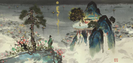 Artistic painting of a misty mountain landscape with traditional architecture and a solitary figure, designed as an HD PC desktop wallpaper and background.