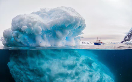 HD Arctic underwater scene showing a ship navigating icy ocean waters beside a massive iceberg, capturing the striking contrast between above and below the water’s surface.