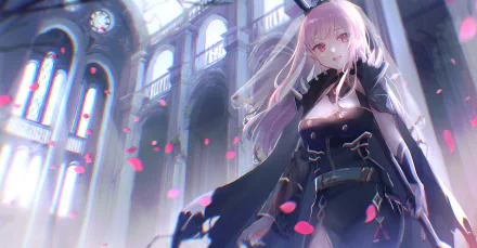 Anime character Mori Calliope with pink eyes and long pink hair stands elegantly in a grand hall, petals floating around her. This HD wallpaper features the Virtual YouTuber from Hololive.