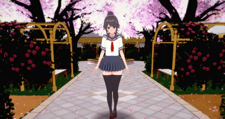 Ayano Aishi from Yandere Simulator stands centered on a cherry blossom-lined path in this vibrant 4K Ultra HD PC desktop wallpaper.