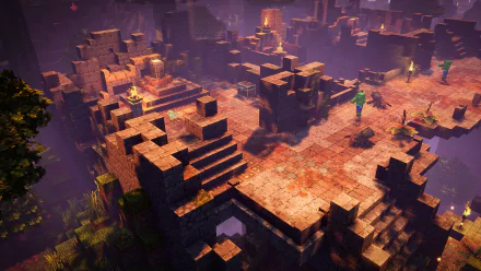 HD desktop wallpaper of Minecraft: Dungeons showcasing a blocky, atmospheric dungeon environment at dusk.