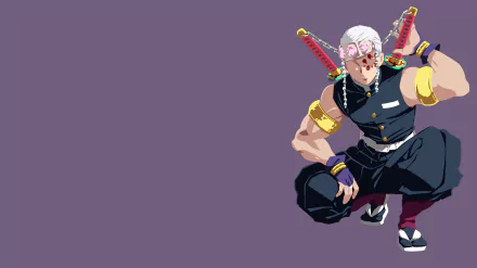 Minimalist 4K Ultra HD anime wallpaper featuring Tengen Uzui from Demon Slayer: Kimetsu no Yaiba against a plain purple background.