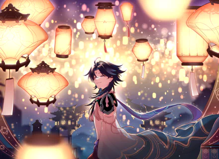 HD PC desktop wallpaper featuring Xiao from Genshin Impact amidst glowing lanterns during the Lantern Rite festival in the video game Genshin Impact.