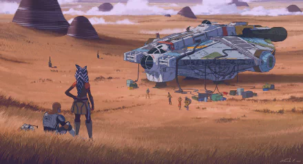 HD PC desktop wallpaper featuring Ahsoka Tano and a spaceship in a Star Wars sci-fi desert landscape with distant rock formations under a cloudy sky.