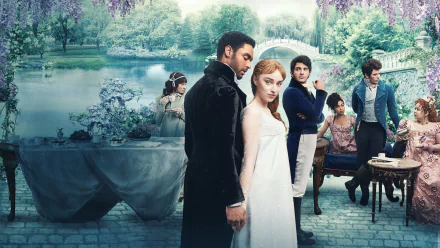 A captivating HD wallpaper featuring characters from the TV show Bridgerton, set against a lush garden backdrop, blending elegance and drama.