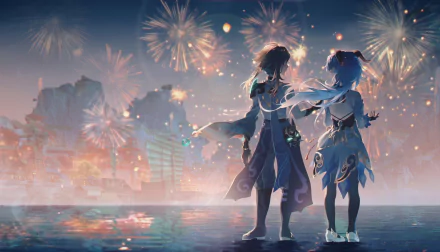 HD desktop wallpaper featuring Xiao and Ganyu from Genshin Impact, depicted under a dazzling firework-lit sky by a serene waterbody.