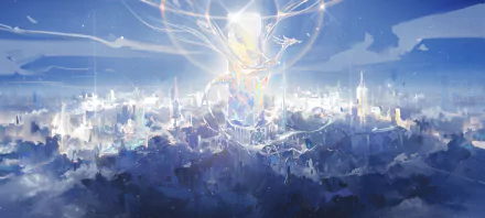 HD fantasy PC desktop wallpaper showing a glowing dragon soaring above a cityscape under a radiant sky filled with clouds.