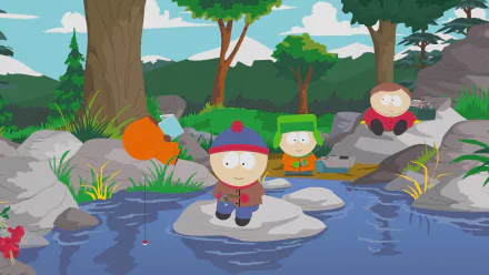 HD PC desktop wallpaper featuring Kenny McCormick, Kyle Broflovski, Eric Cartman, and Stan Marsh from the TV show South Park by a peaceful forest stream.