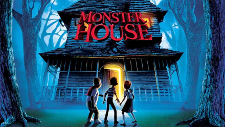 HD PC desktop wallpaper/background from the movie Monster House: three kids stand at a glowing doorway of a spooky, animated house in moonlit woods.