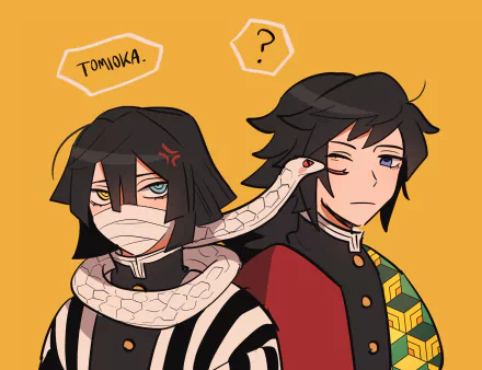 HD anime desktop wallpaper featuring two characters from Demon Slayer: Kimetsu no Yaiba, with one wrapped in bandages and a white snake around his neck.