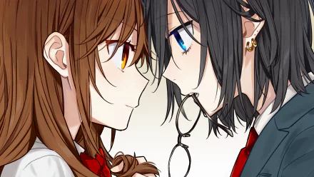 Anime-style 4K Ultra HD wallpaper featuring Izumi Miyamura and Hori Kyouko from Hori-san To Miyamura-kun, with detailed black hair and expressive eyes.